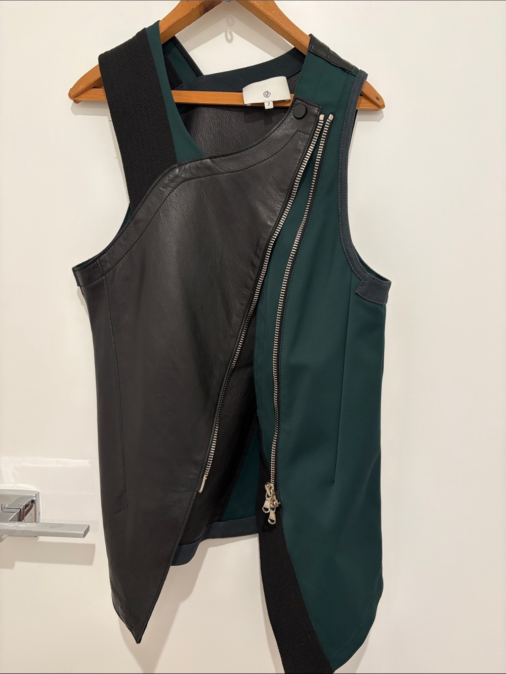 3.1 Philip Lim Asymmetric Leather & Dark Green Neoprene Vest
